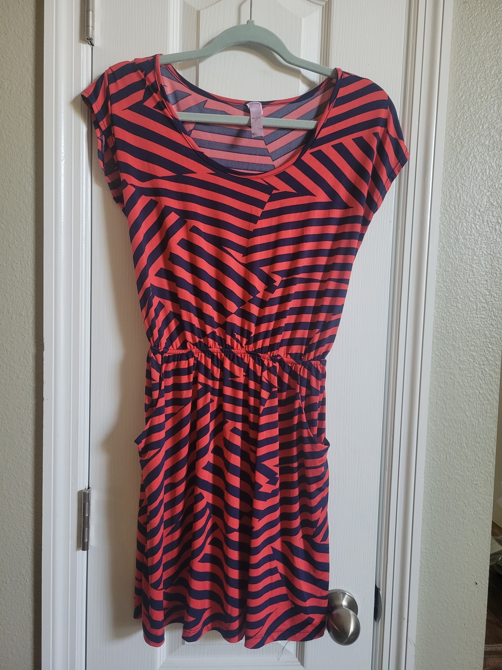 Coral and Navy Geometric Stripe Mini Dress Small